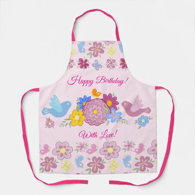 Tablier Joyeux anniversaire Fleurs sauvages Jardin Oiseaux (Recto)