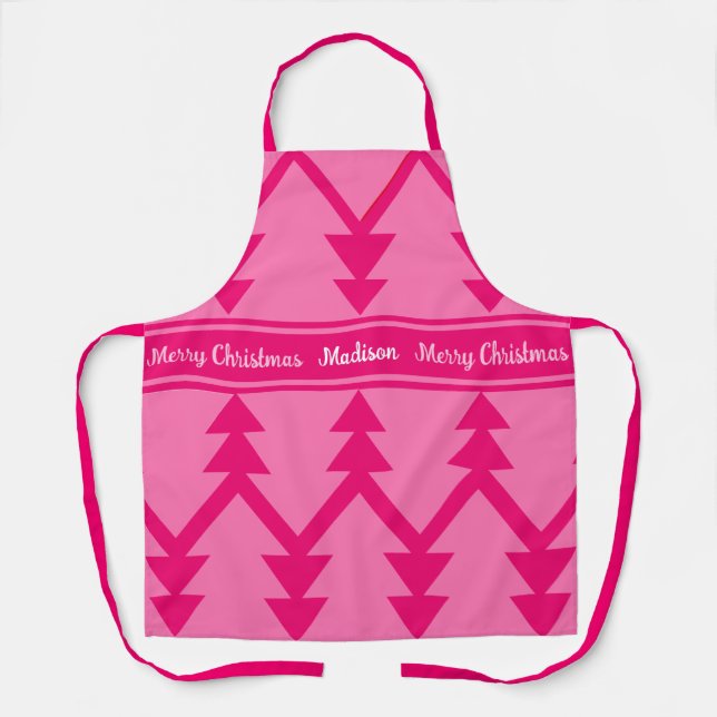 Tablier Joyeux Arbres de Noël personnalisés Nom Pink Apron (Recto)