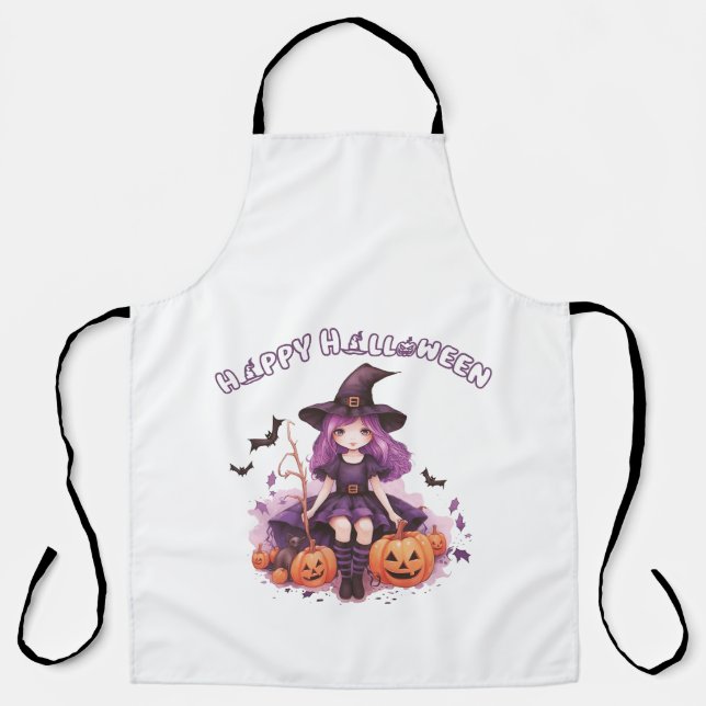 Tablier Joyeux Halloween Purple sorcier Citrouilles et cha (Recto)