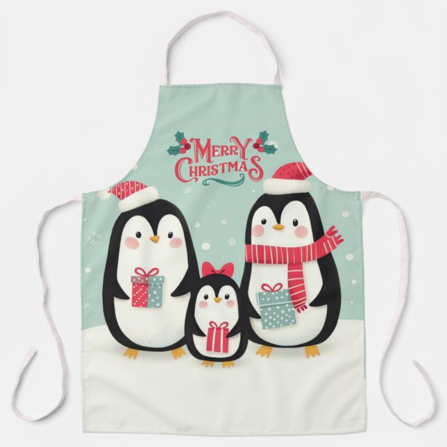 Tablier Joyeux manchots enneigés de Noël (Recto)