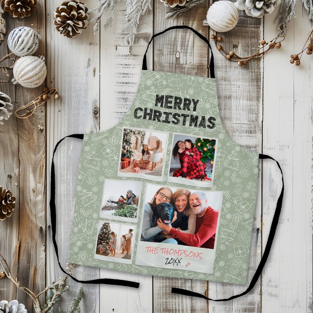 Tablier Joyeux Noël Doodles verts 5 Photo Cadeau de famill (Créateur téléchargé)