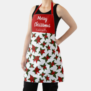 Tablier Joyeux Noël nom personnalisé poinsettia floral rou