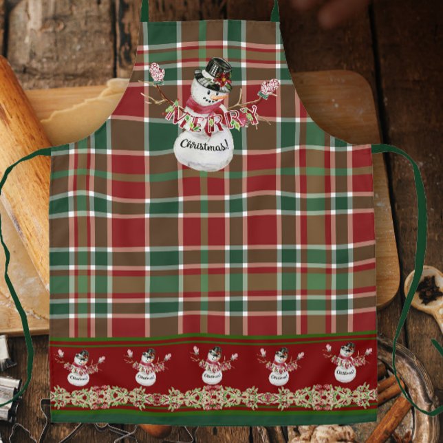Tablier Joyeux Noël Snowman aquarelle plaid w Holly (Créateur téléchargé)