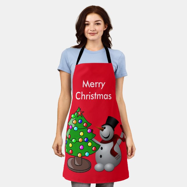 Tablier Joyeux sapin de Noël 3D Snowman rouge moyen (Porté)