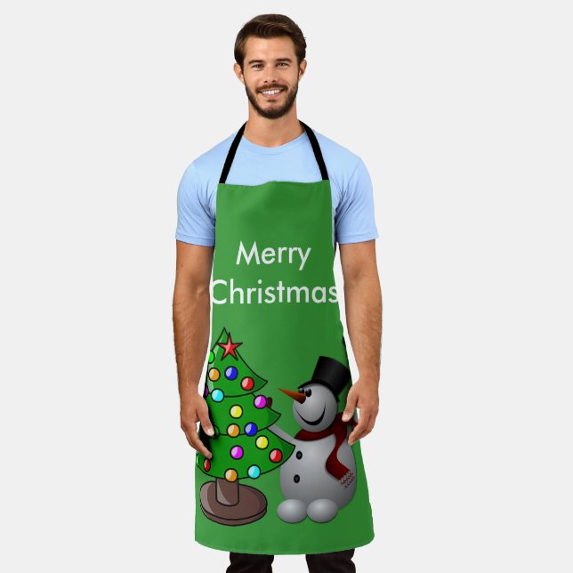 Tablier Joyeux sapin de Noël 3D Snowman Vert Grand (Porté)
