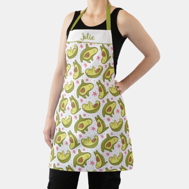 Tablier Kawaii Avocado Blanc Design Rose Stars Whimsical (Insitu)