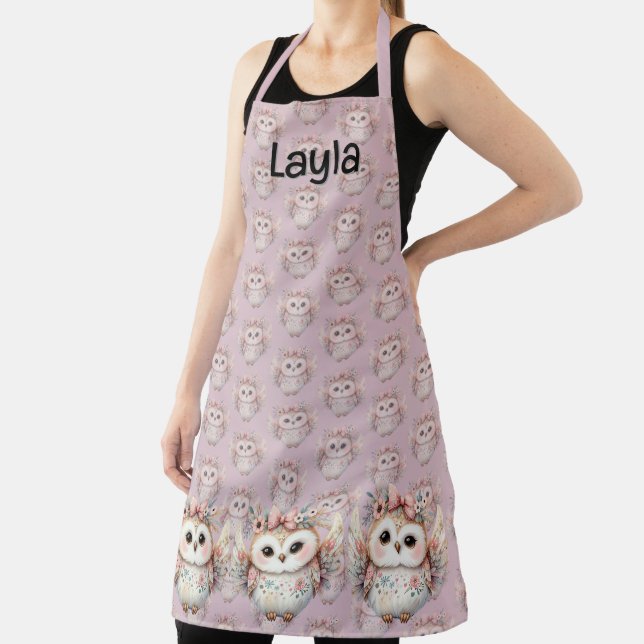 Tablier Kawaii Boho Owl Illustration Lavande (Insitu)