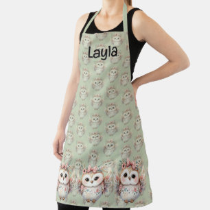 Tablier Kawaii Boho Owl Illustration Vert