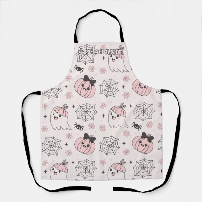 Tablier Kawaii Motif d'Halloween rose avec Ghost, Citrouil (Recto)