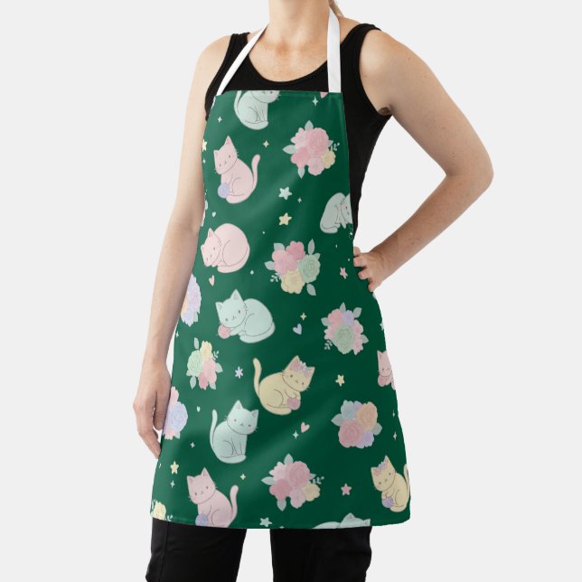Tablier Kawaii Pastel Cats and Flowers Pattern Apron (Insitu)