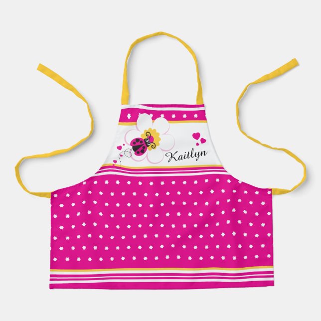 Tablier Ladybug coeur fleurir point rose blanc jaune perso (Recto)