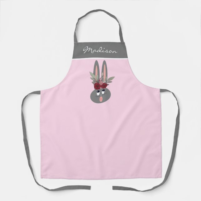 Tablier Lapin Floral Moderne Rose Nom Personnalisé Femmes (Recto)