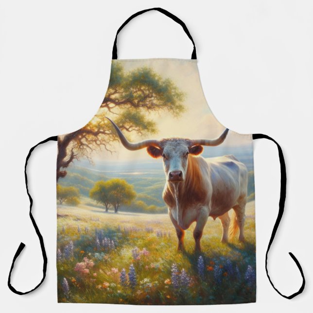 Tablier Le printemps Texas longhorn dans un champ (Recto)
