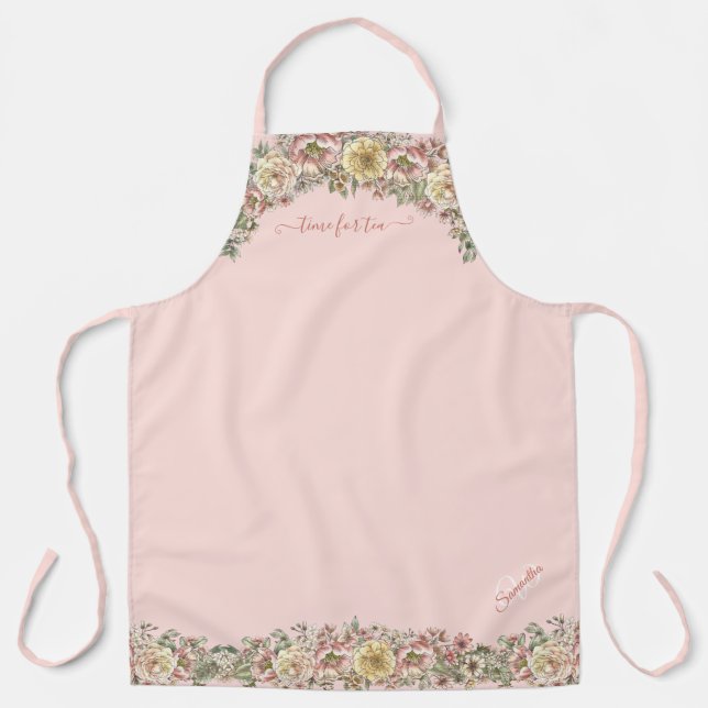 Tablier Le temps du thé, le rose pâle du nom floral Monogr (Recto)