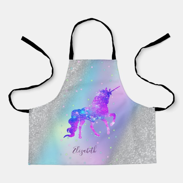 Tablier Licorne holographique Bokeh Paillettes Argentées (Recto)
