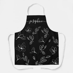 Tablier Lineart Floral Blanc Noir Moderne personnalisé