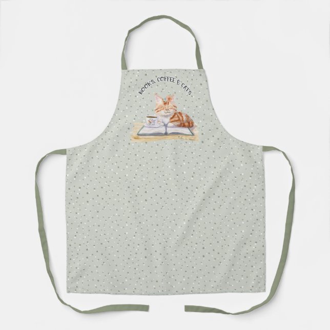 Tablier Livres Café et chats Cute Aquarelle Sage Cuisine (Recto)