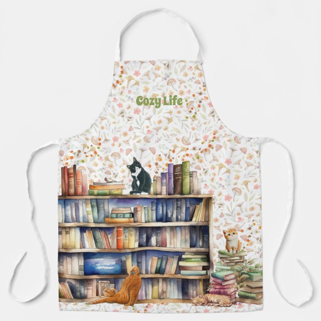 Tablier Livres et Amoureux de les chats Hygge Anniversaire (Recto)
