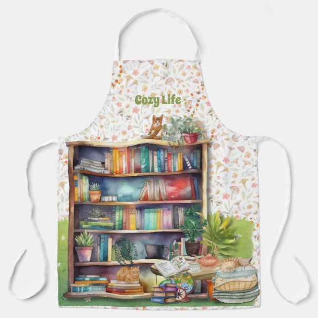 Tablier Livres et Amoureux de les chats Hygge Anniversaire (Recto)