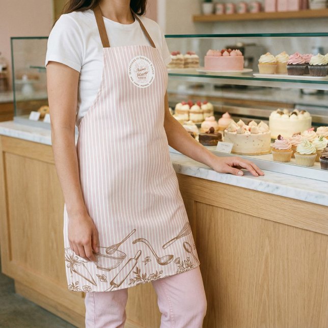 Tablier Logo de la boulangerie Pink Stripe avec ustensiles (Pink Stripe Bakery Logo Hand Drawn Baking Utensils Apron)