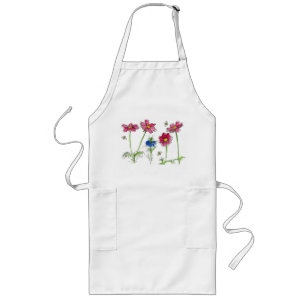 Tablier Long Abeilles Cosmos rose Nigella Aquarelle Fleurs