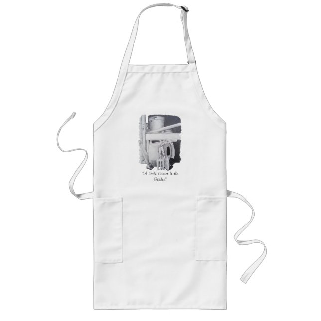 Tablier Long art de jardin en noir et blanc outils et pots (Devant)