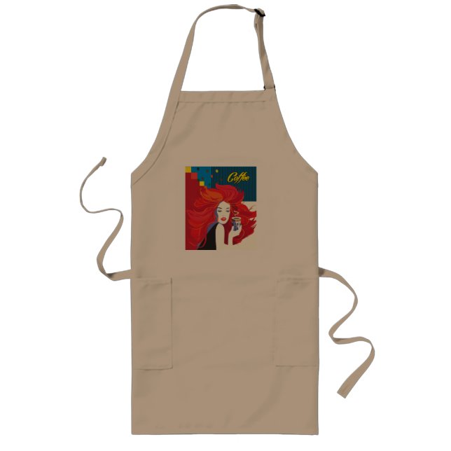 Tablier Long "Belle Femme de mode avec Café Cup" Pop Art (Devant)