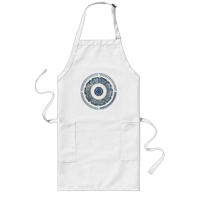 Tablier Long Blanc bleu Floral chinois rond (Devant)