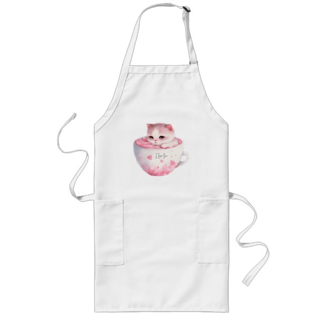 Tablier Long Chat blanc-rose mignonne dans une tasse de thé (3) (Devant)