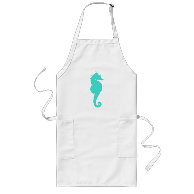 Tablier Long Cheval de mer Turquoise en Blanc (Devant)