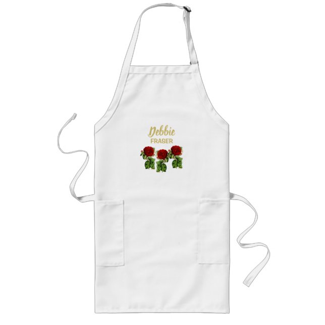 Tablier Long Fleur rouge et feuilles verts nom personnalisé (Devant)