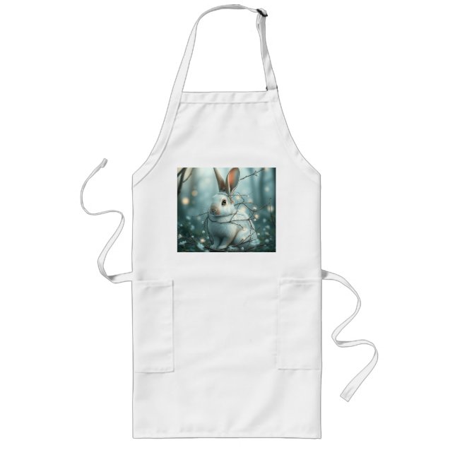 Tablier Long Lapin bleu pastel avec brindilles et fleurs (Devant)