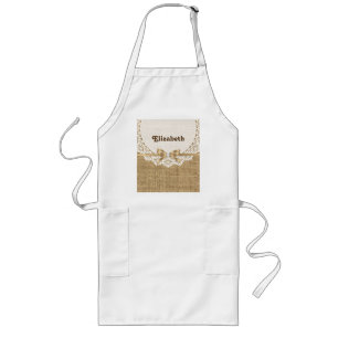Tablier Long Toile blanche avec dentelle et lin naturel burlap