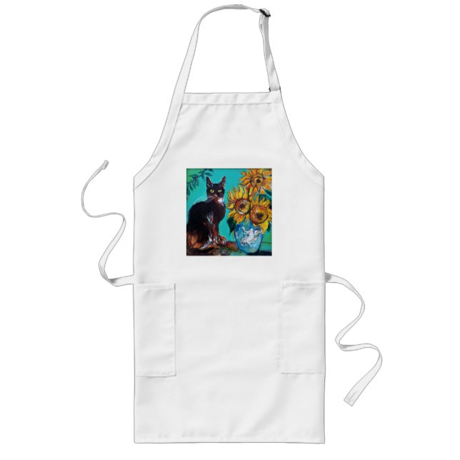 TABLIER LONG TOURNESOLS AVEC LE CAT NOIR EN TURQUOISE BLEUE (Devant)