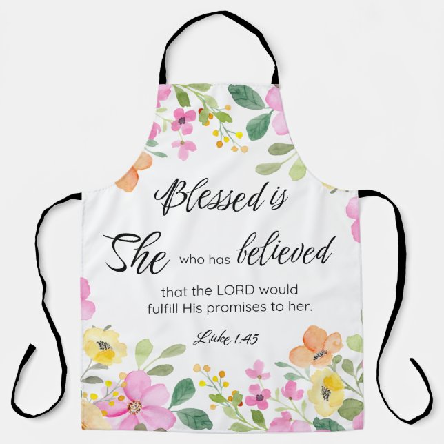 Tablier Luc 1:45 Béni est Elle, Écriture Féminine Floral (Recto)