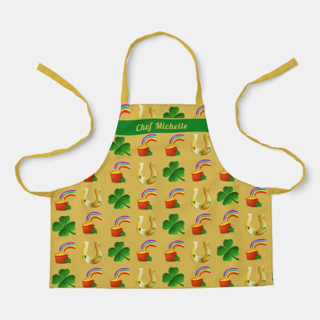 Tablier Lucky Irish Chef personnalisé Gold Green Apron (Recto)