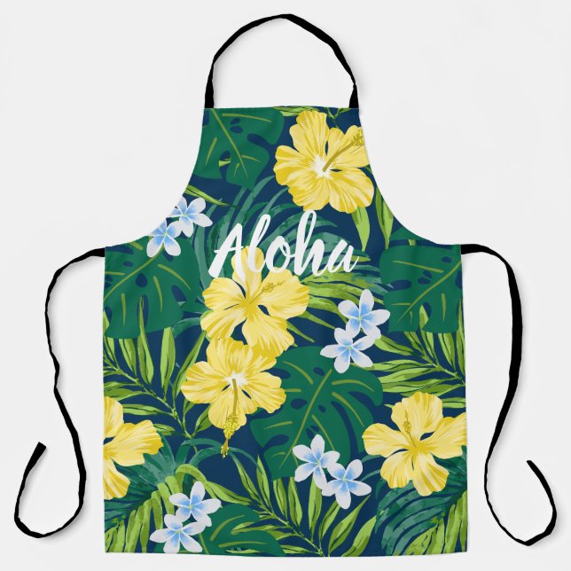 Tablier Luna Hibiscus Garden Hawaiian - Jaune et Marine (Recto)