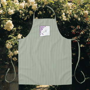 Tablier M Sage Green Stripe Purple Floral Script Monogramm