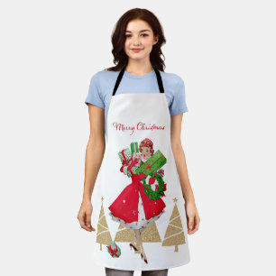 Tablier Madame Noël Vintage Présente Rouge Vert Or