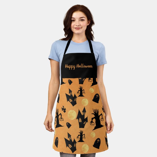 Tablier Maisons Éffrayantes d'Halloween noir et orange (Porté)