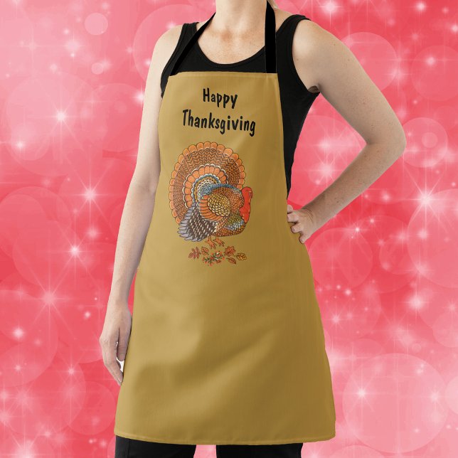 Tablier Male Thanksgiving Turkey Fanned Tail Dark Yellow (Male turkey fanned tail in leaves on dark golden yellow Thanksgiving cooking apron.)