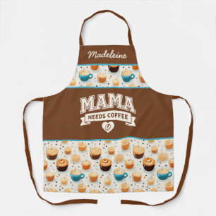 Tablier MAMA A Besoin de Café Brun Blanc Cœur Grain de Caf