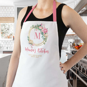 Tablier Maman Cadeau Rose Blush Rose Fleurs or Monogramme