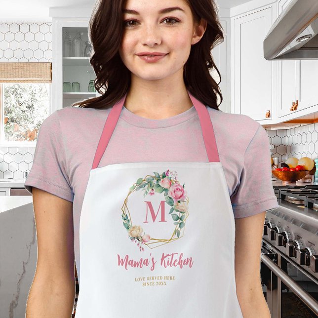 Tablier Maman Cadeau Rose Blush Rose Fleurs Wreath Monogra (mom apron roses wreath monogram personalized christmas gift gold pink blush geometric pretty cute)