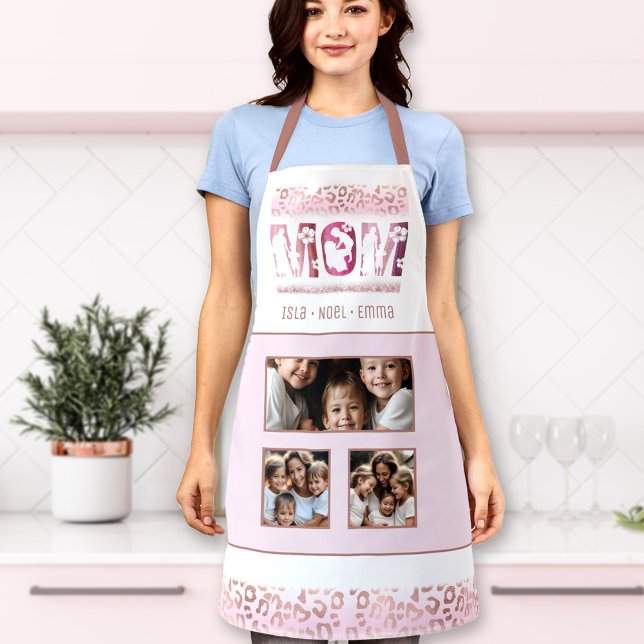 Tablier Maman Fête des Mères Modèle photo Enfants Noms Leo (Mom Mother's Day Photo Template Kids Names Leopard Apron)