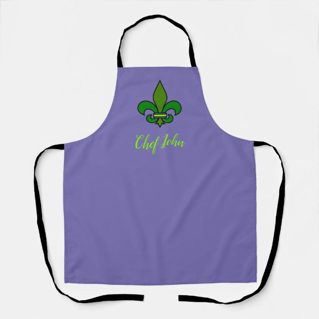 Tablier Mardi Gras Fleur de Lis Apron pourpre et vert (Recto)