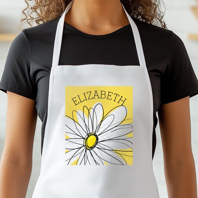 Tablier Marguerite lunaire jaune et blanc avec texte perso (Personalized Kitchen Apron)