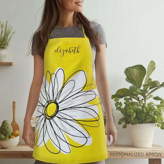 Tablier Marguerite lunaire jaune et blanc avec texte perso (Personalized Apron)