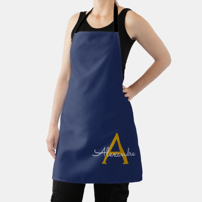 Tablier Marine Blue Gold Modern Script Girl Monogramme Nom (Insitu)