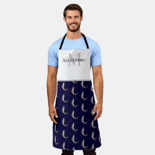 Tablier Marine Blue White Monogramme nom Trout motif Apron